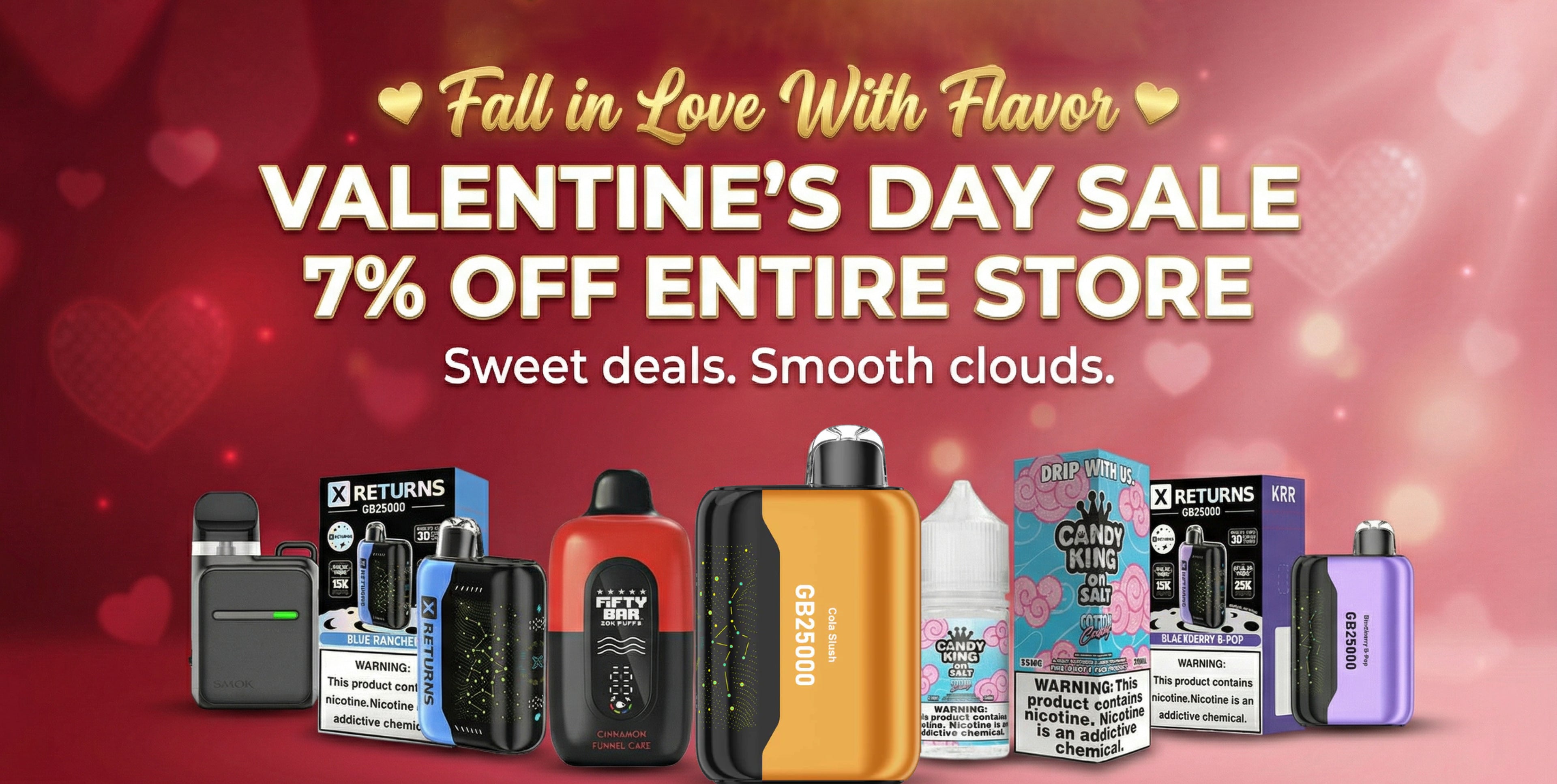 Promotional image for a Valentine's Day sale on vaping products with a red background and product display.