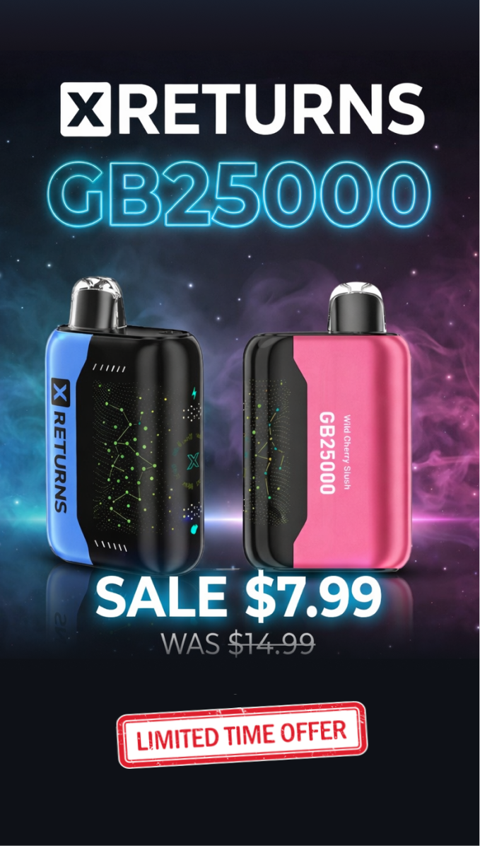 Two vape devices with 'X Returns' branding on a dark background with promotional text.
